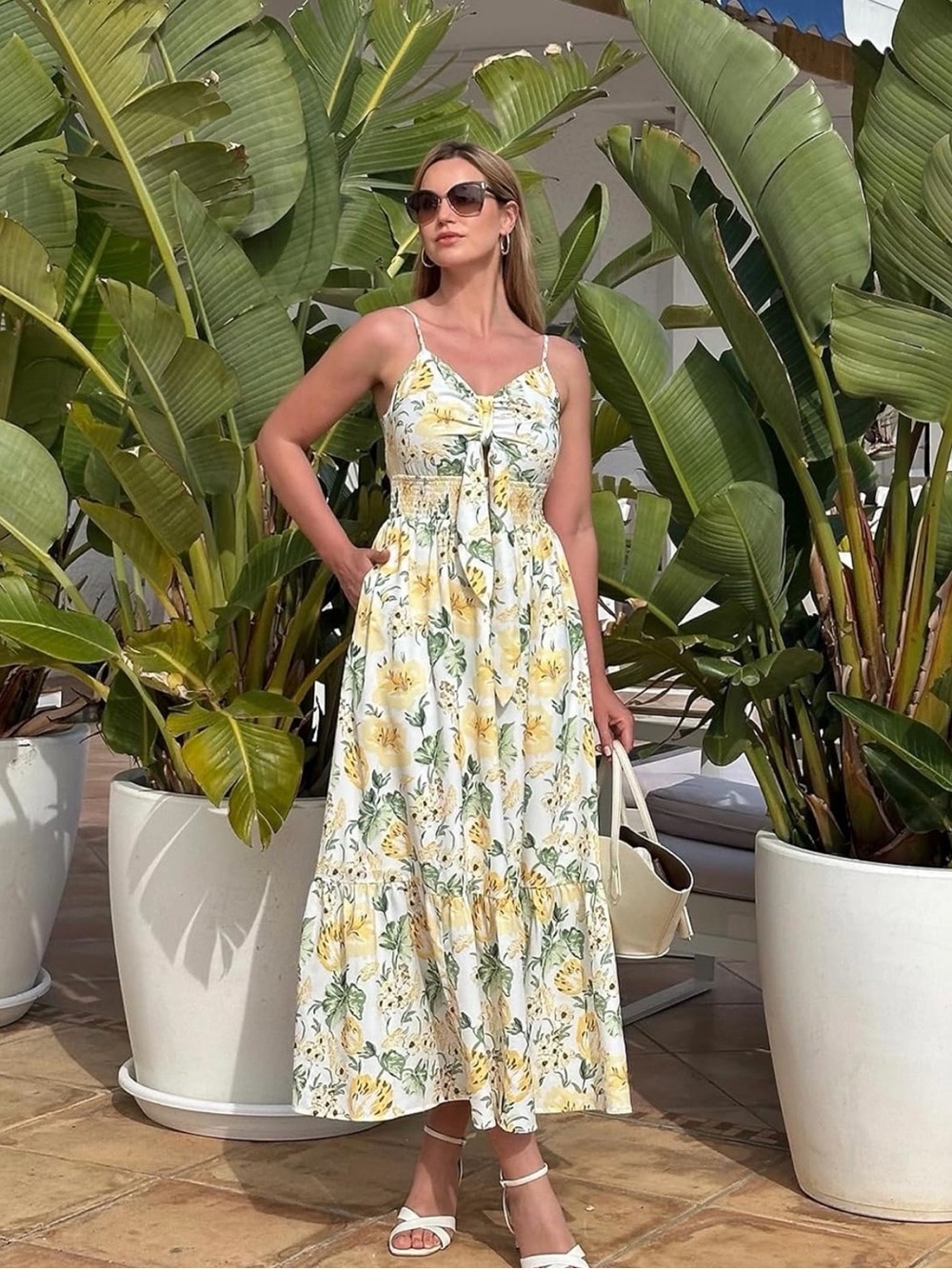 Grace Karin White & Yellow Floral Maxi Dress with Spaghetti Straps